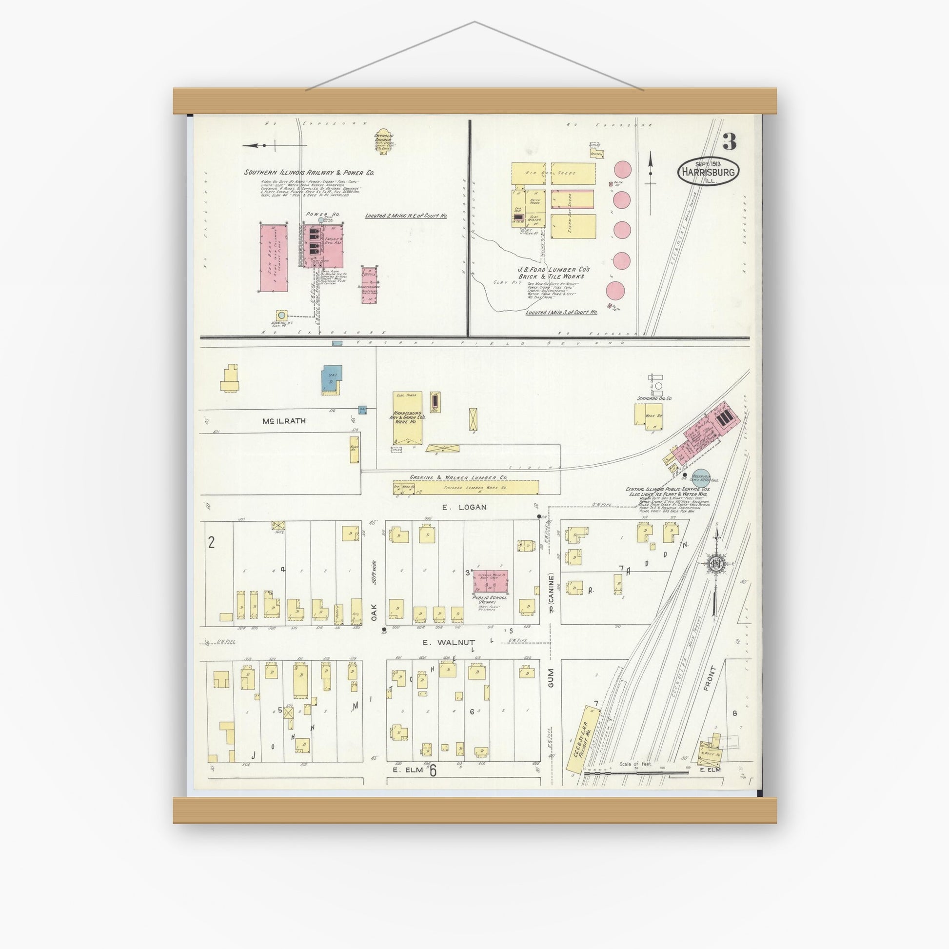 Old map wall art mockup — magnetic wood frame on white wall — Sanborn Fire Insurance Map from Harrisburg, Saline County, Illinois (1913), Sheet #0003