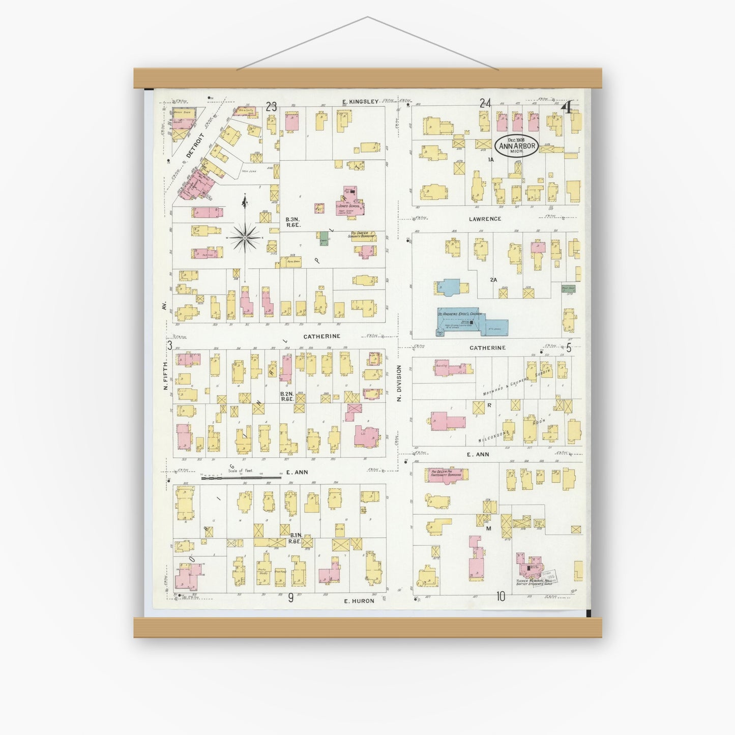 Old map wall art mockup — magnetic wood frame on white wall — Sanborn Fire Insurance Map from Ann Arbor, Washtenaw County, Michigan (1908), Sheet #0004