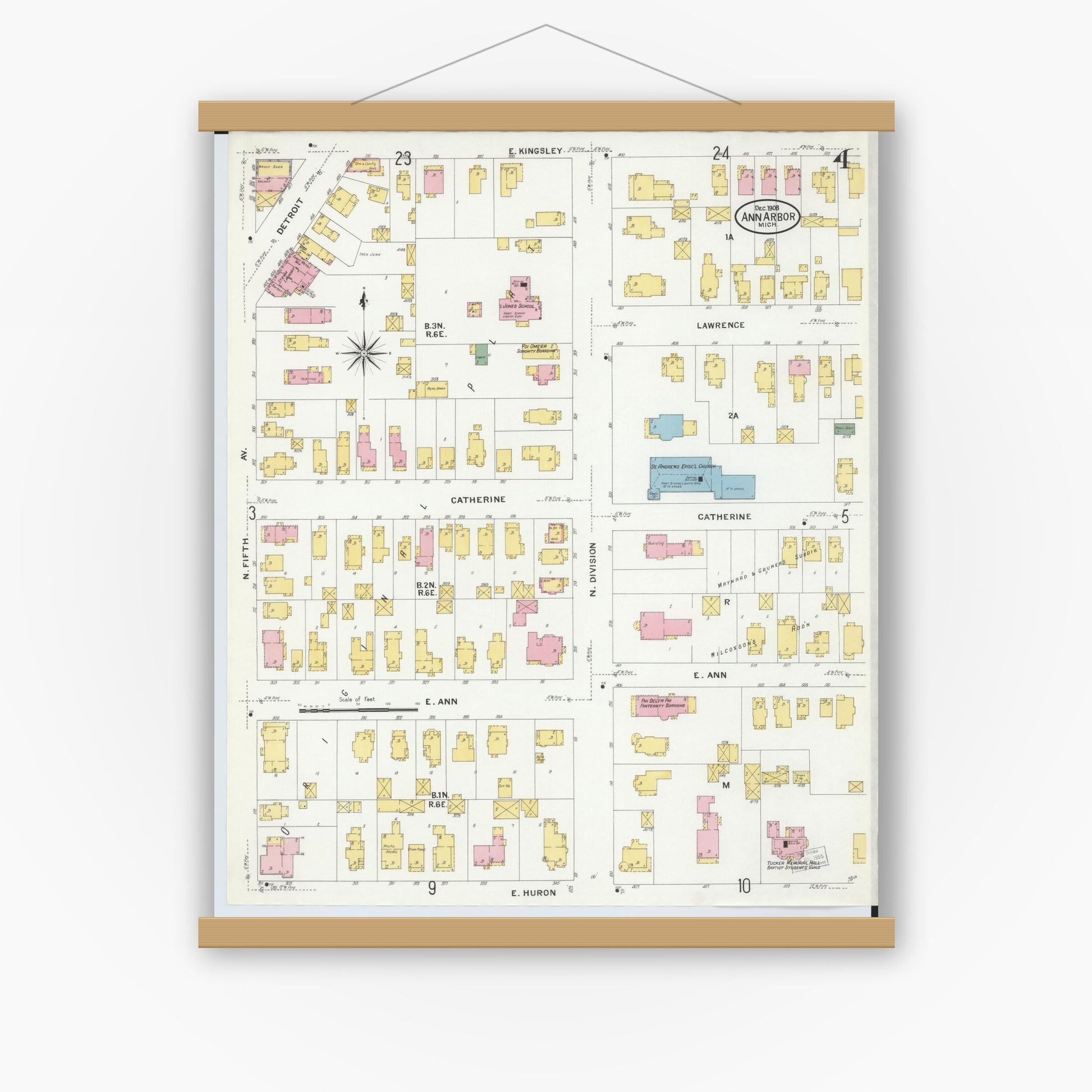 Old map wall art mockup — magnetic wood frame on white wall — Sanborn Fire Insurance Map from Ann Arbor, Washtenaw County, Michigan (1908), Sheet #0004