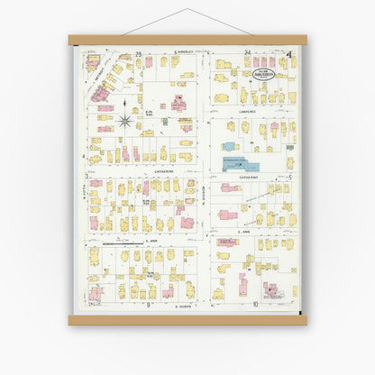 Old map wall art mockup — magnetic wood frame on white wall — Sanborn Fire Insurance Map from Ann Arbor, Washtenaw County, Michigan (1908), Sheet #0004
