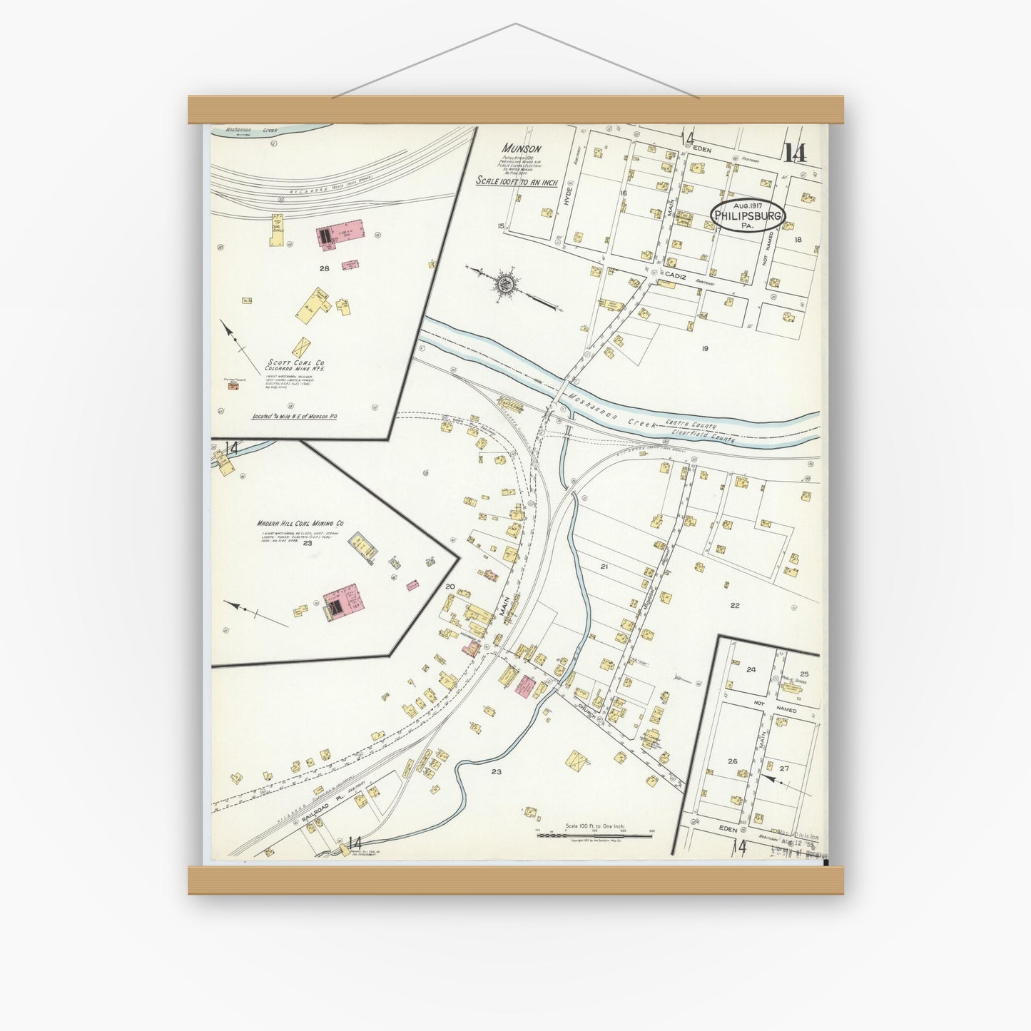 Old map wall art mockup — magnetic wood frame on white wall — Sanborn Fire Insurance Map from Philipsburg, Centre County, Pennsylvania (1917), Sheet #0014