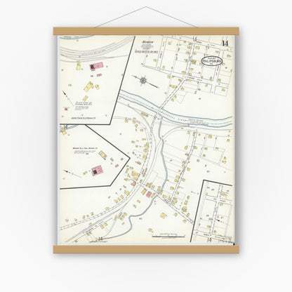 Old map wall art mockup — magnetic wood frame on white wall — Sanborn Fire Insurance Map from Philipsburg, Centre County, Pennsylvania (1917), Sheet #0014