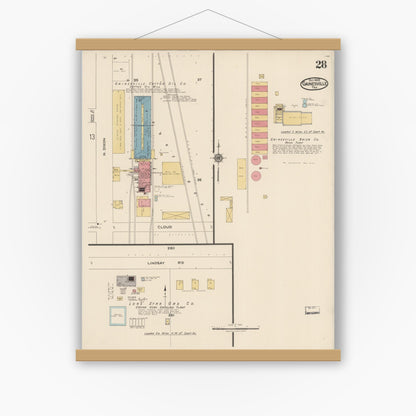 Old map wall art mockup — magnetic wood frame on white wall — Sanborn Fire Insurance Map from Gainesville, Cooke County, Texas (1922), Sheet #0028