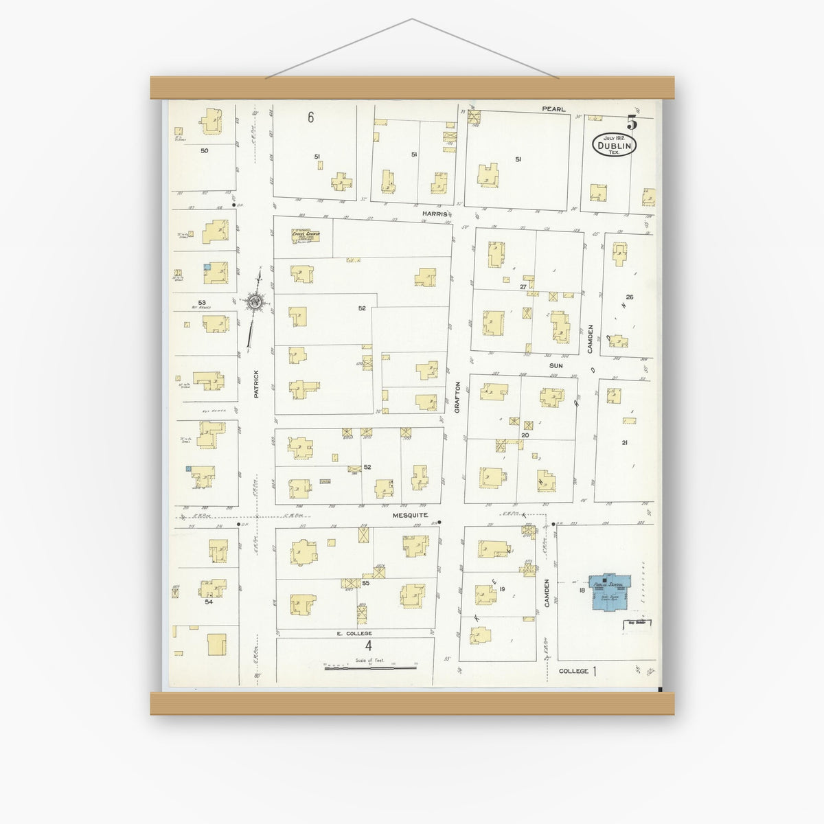 Old map wall art mockup — magnetic wood frame on white wall — Sanborn Fire Insurance Map from Dublin, Erath County, Texas (1912), Sheet #0005