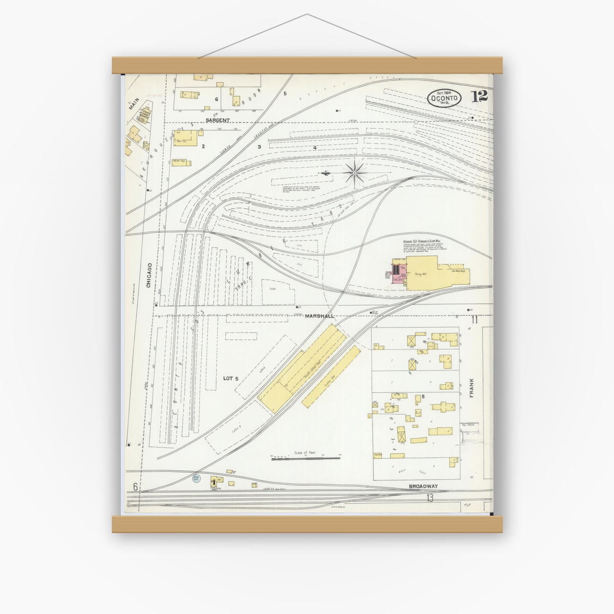 Old map wall art mockup — magnetic wood frame on white wall — Sanborn Fire Insurance Map from Oconto, Oconto County, Wisconsin (1904), Sheet #0012