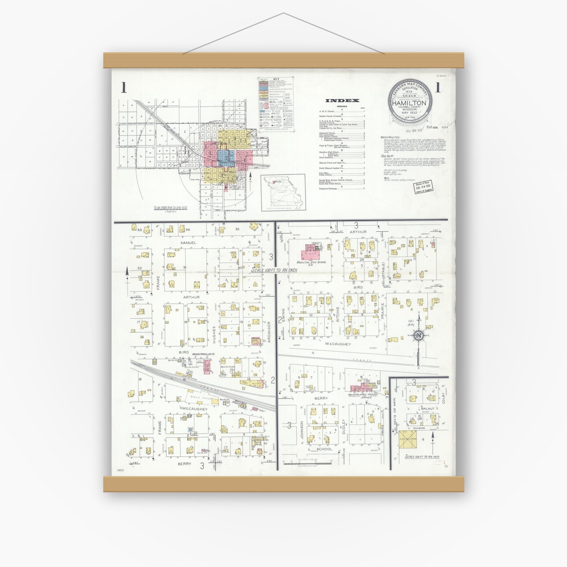 Old map wall art mockup — magnetic wood frame on white wall — Sanborn Fire Insurance Map from Hamilton, Caldwell County, Missouri (1932), Sheet #0001