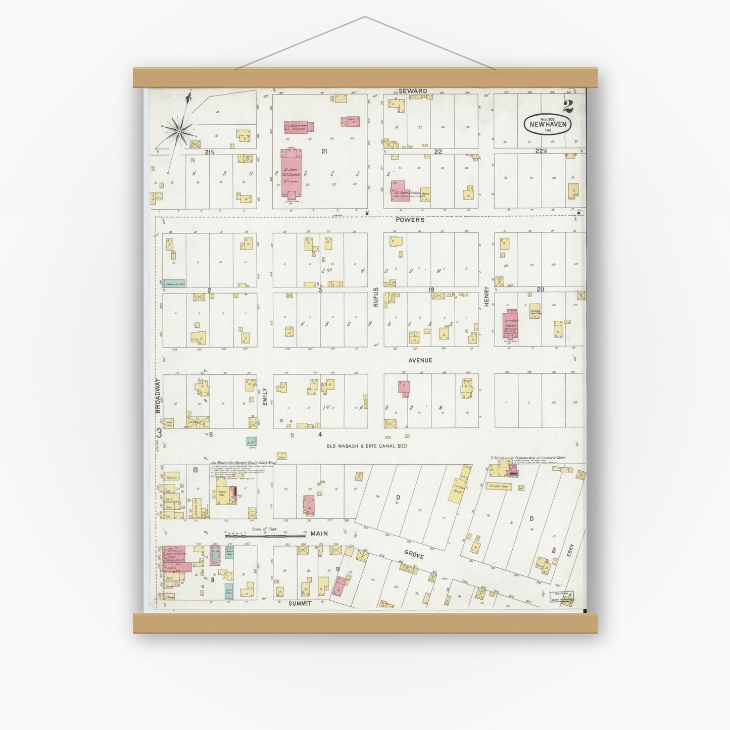 Old map wall art mockup — magnetic wood frame on white wall — Sanborn Fire Insurance Map from New Haven, Allen County, Indiana (1900), Sheet #0002