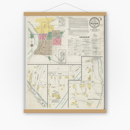 Old map wall art mockup — magnetic wood frame on white wall — Sanborn Fire Insurance Map from Belvidere, Warren County, New Jersey (1915) - Complete Map Set