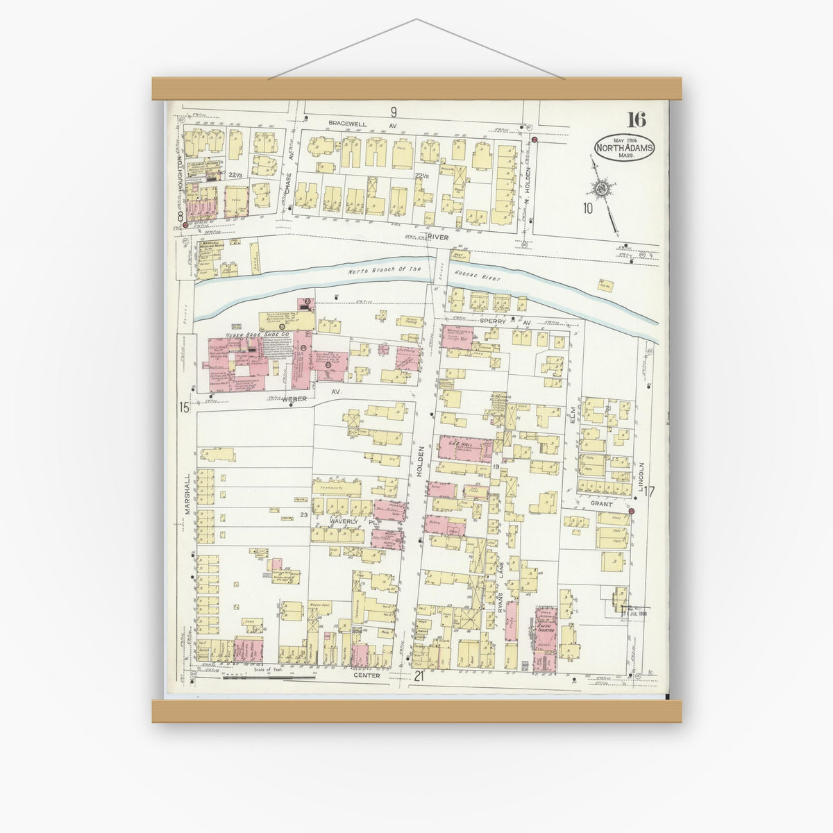 Old map wall art mockup — magnetic wood frame on white wall — Sanborn Fire Insurance Map from North Adams, Berkshire County, Massachusetts (1914), Sheet #0016