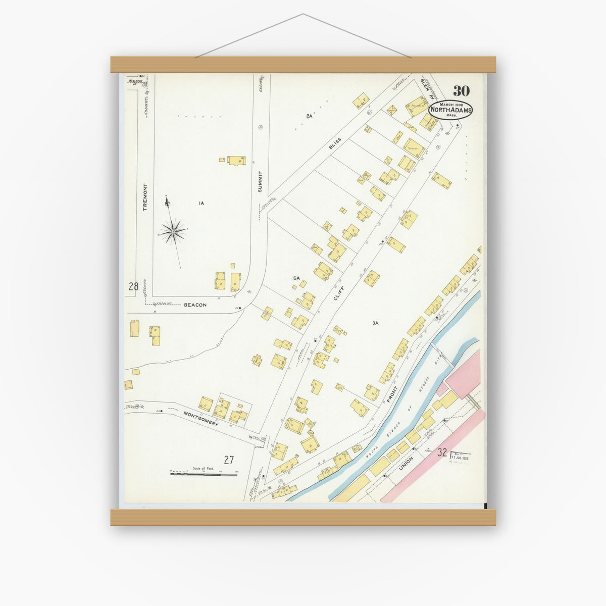 Old map wall art mockup — magnetic wood frame on white wall — Sanborn Fire Insurance Map from North Adams, Berkshire County, Massachusetts (1908), Sheet #0030