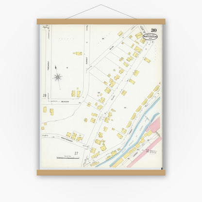 Old map wall art mockup — magnetic wood frame on white wall — Sanborn Fire Insurance Map from North Adams, Berkshire County, Massachusetts (1908), Sheet #0030