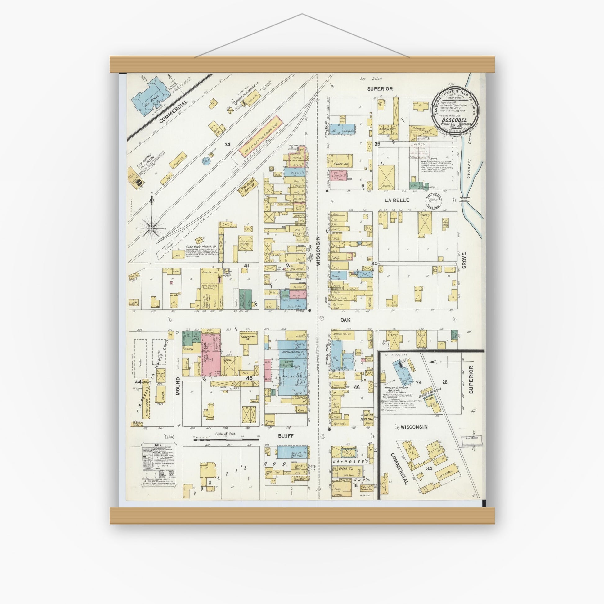 Old map wall art mockup — magnetic wood frame on white wall — Sanborn Fire Insurance Map from Boscobel, Grant County, Wisconsin (1899), Sheet #0001