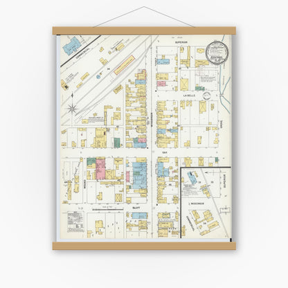 Old map wall art mockup — magnetic wood frame on white wall — Sanborn Fire Insurance Map from Boscobel, Grant County, Wisconsin (1899), Sheet #0001