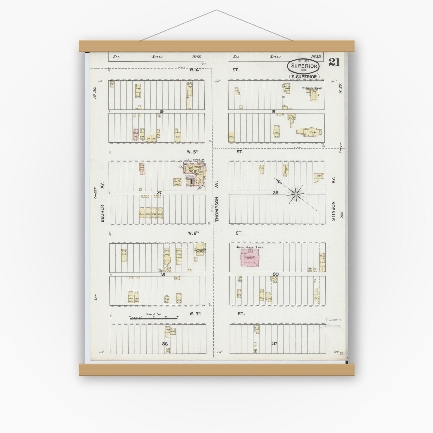 Old map wall art mockup — magnetic wood frame on white wall — Sanborn Fire Insurance Map from Superior, Douglas County, Wisconsin (1889), Sheet #0021