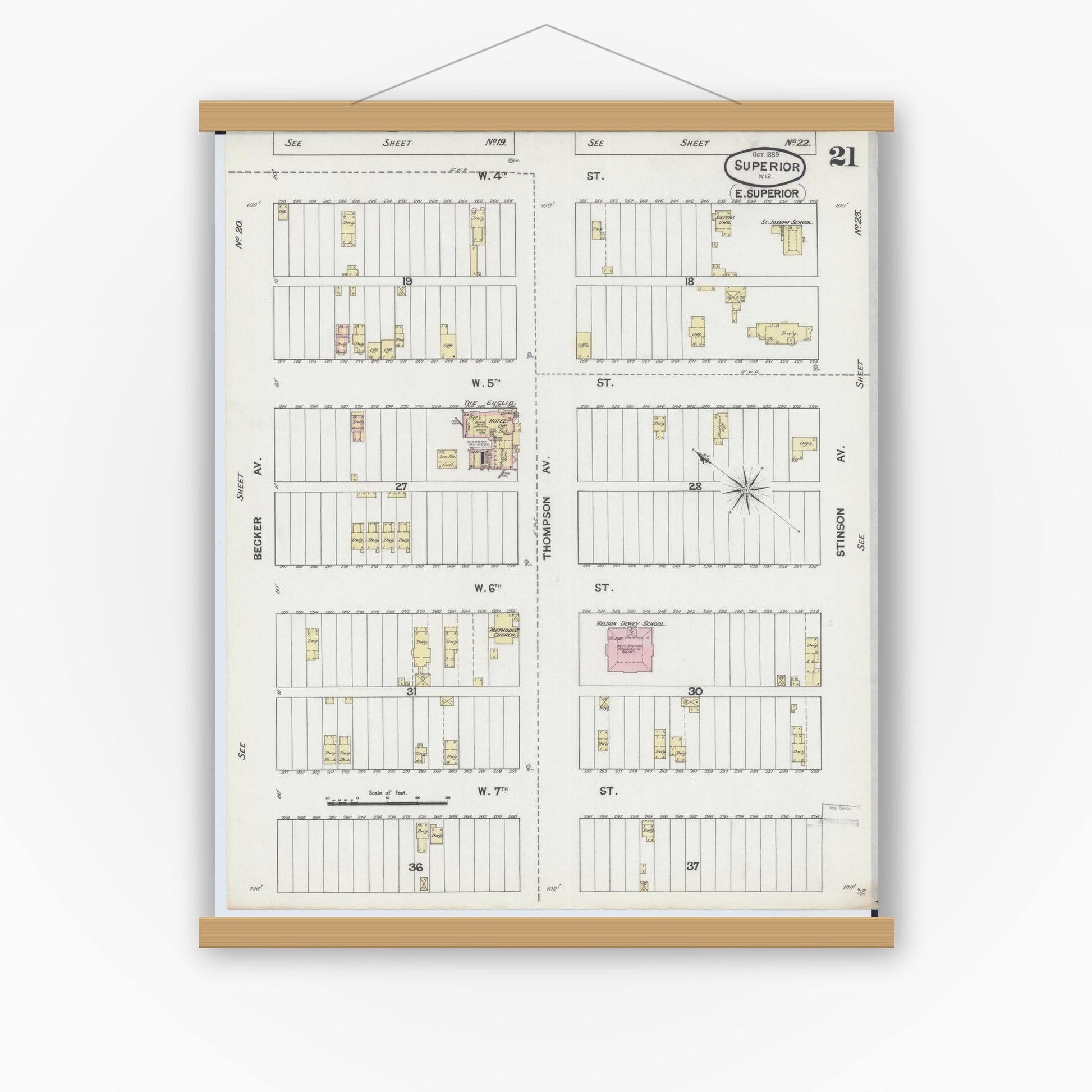 Old map wall art mockup — magnetic wood frame on white wall — Sanborn Fire Insurance Map from Superior, Douglas County, Wisconsin (1889), Sheet #0021