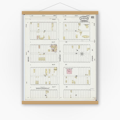 Old map wall art mockup — magnetic wood frame on white wall — Sanborn Fire Insurance Map from Superior, Douglas County, Wisconsin (1889), Sheet #0021