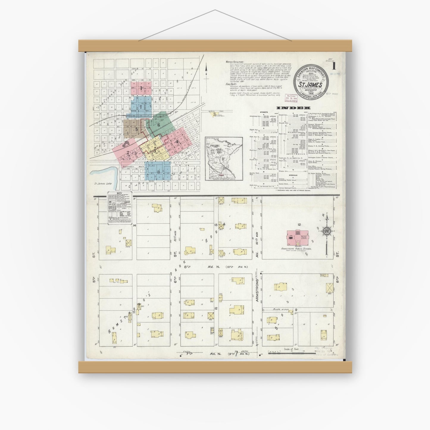 Old map wall art mockup — magnetic wood frame on white wall — Sanborn Fire Insurance Map from Saint James, Watonwan County, Minnesota (1914) - Complete Map Set