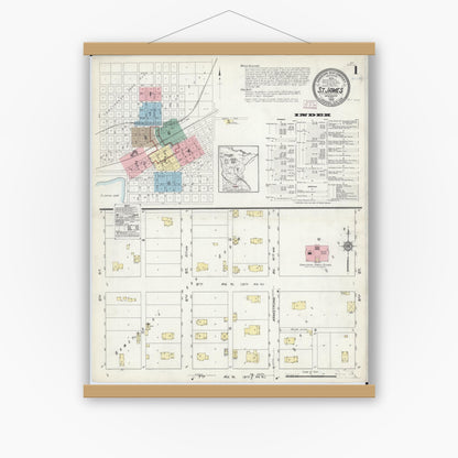 Old map wall art mockup — magnetic wood frame on white wall — Sanborn Fire Insurance Map from Saint James, Watonwan County, Minnesota (1914) - Complete Map Set