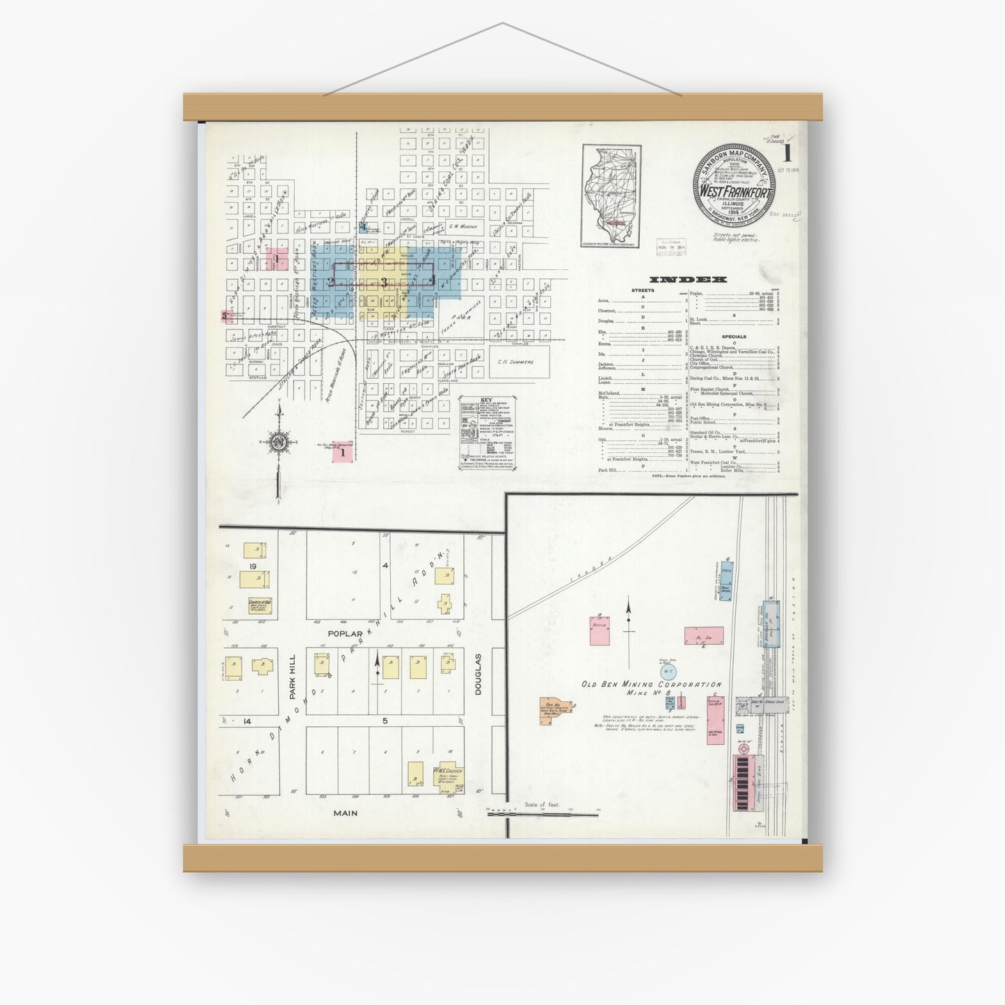 Old map wall art mockup — magnetic wood frame on white wall — Sanborn Fire Insurance Map from West Frankfort, Franklin County, Illinois (1914), Sheet #0001
