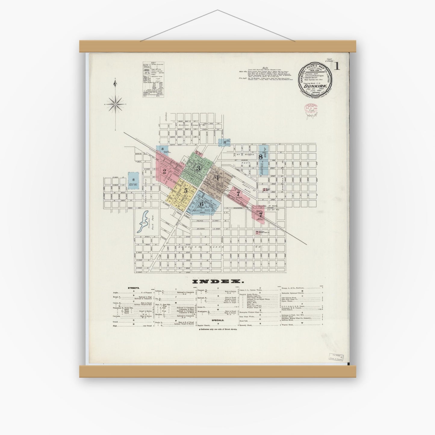 Old map wall art mockup — magnetic wood frame on white wall — Sanborn Fire Insurance Map from Dunkirk, Jay And Blackford Counties, Indiana (1895) - Complete Map Set