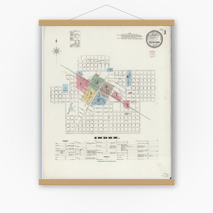 Old map wall art mockup — magnetic wood frame on white wall — Sanborn Fire Insurance Map from Dunkirk, Jay And Blackford Counties, Indiana (1895) - Complete Map Set
