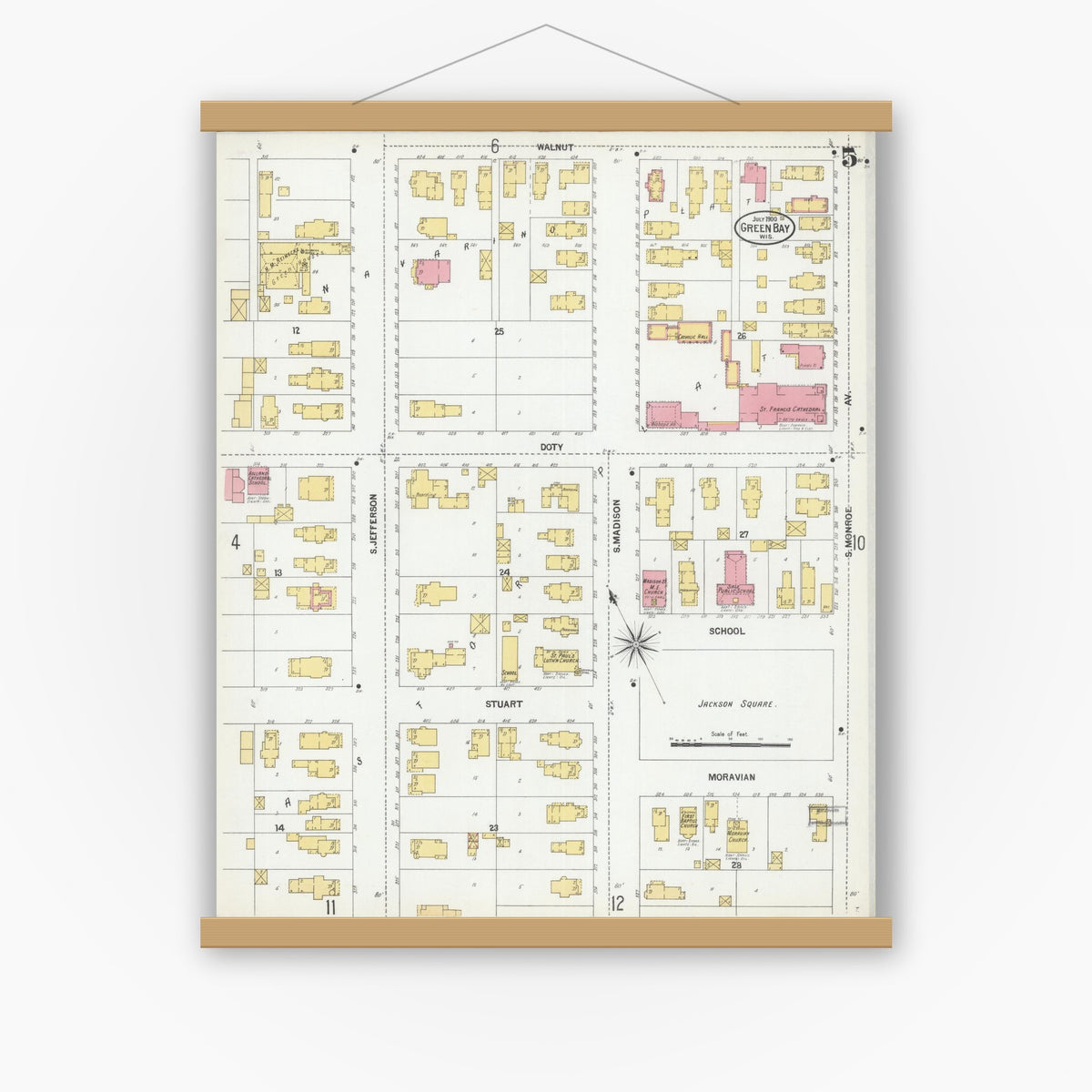Old map wall art mockup — magnetic wood frame on white wall — Sanborn Fire Insurance Map from Green Bay, Brown County, Wisconsin (1900), Sheet #0005