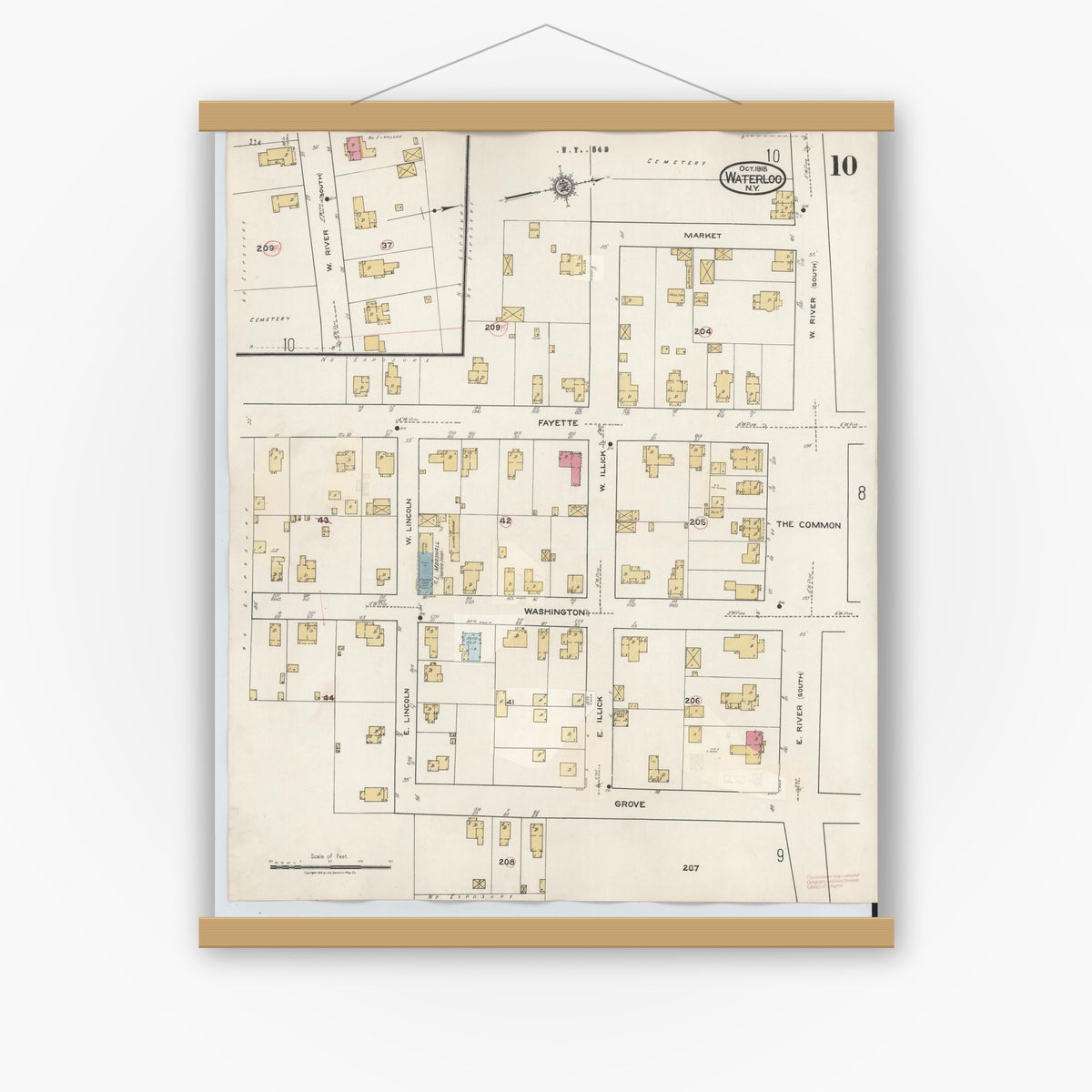 Old map wall art mockup — magnetic wood frame on white wall — Sanborn Fire Insurance Map from Waterloo, Seneca County, New York (1948), Sheet #0010