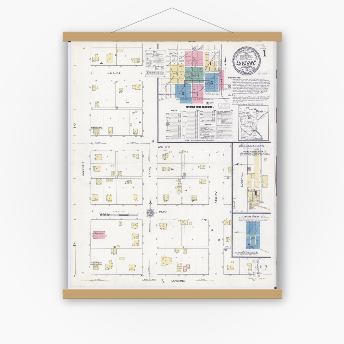 Old map wall art mockup — magnetic wood frame on white wall — Sanborn Fire Insurance Map from Luverne, Rock County, Minnesota (1913), Sheet #0001