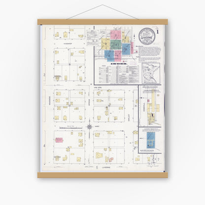 Old map wall art mockup — magnetic wood frame on white wall — Sanborn Fire Insurance Map from Luverne, Rock County, Minnesota (1913), Sheet #0001