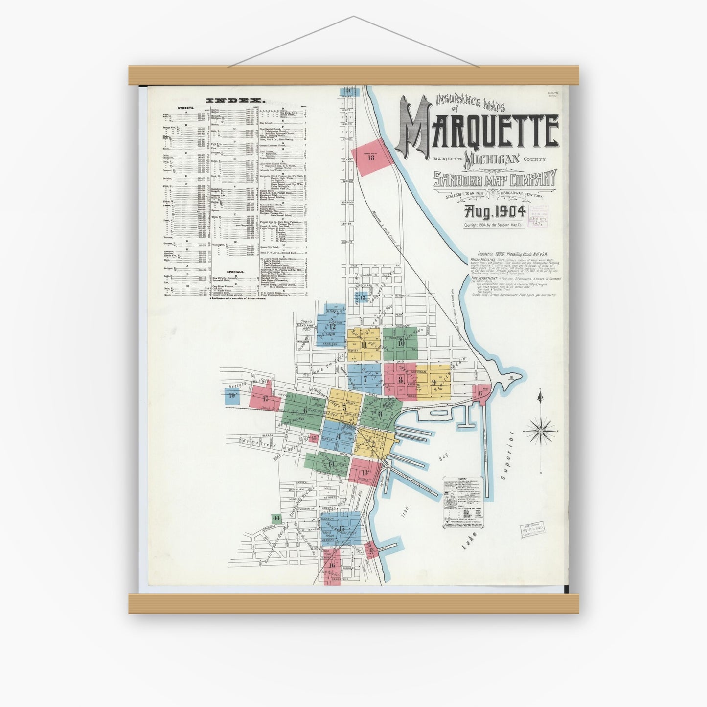Old map wall art mockup — magnetic wood frame on white wall — Sanborn Fire Insurance Map from Marquette, Marquette County, Michigan (1904), Sheet #0001