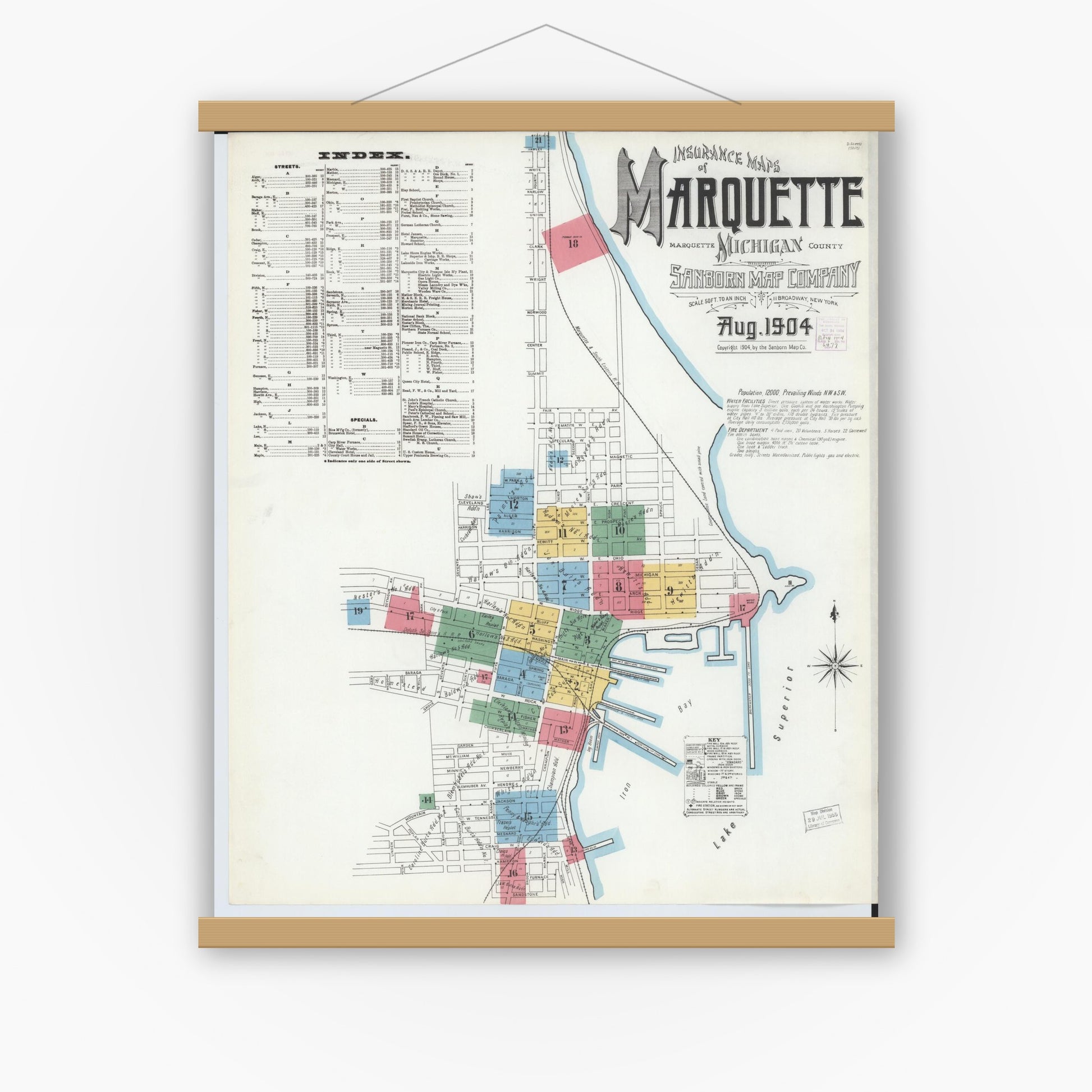Old map wall art mockup — magnetic wood frame on white wall — Sanborn Fire Insurance Map from Marquette, Marquette County, Michigan (1904), Sheet #0001