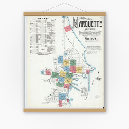 Old map wall art mockup — magnetic wood frame on white wall — Sanborn Fire Insurance Map from Marquette, Marquette County, Michigan (1904), Sheet #0001