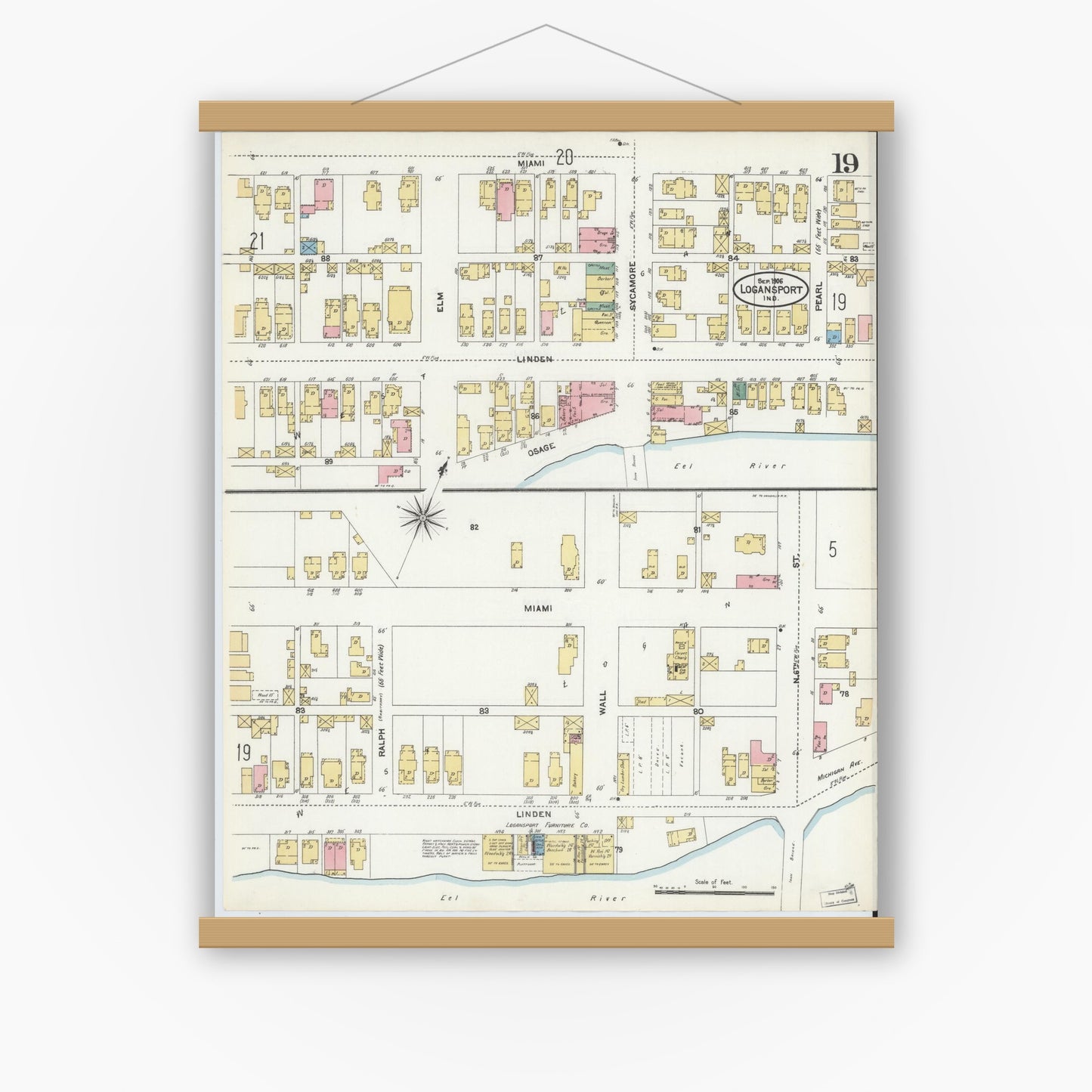 Old map wall art mockup — magnetic wood frame on white wall — Sanborn Fire Insurance Map from Logansport, Cass County, Indiana (1906), Sheet #0019