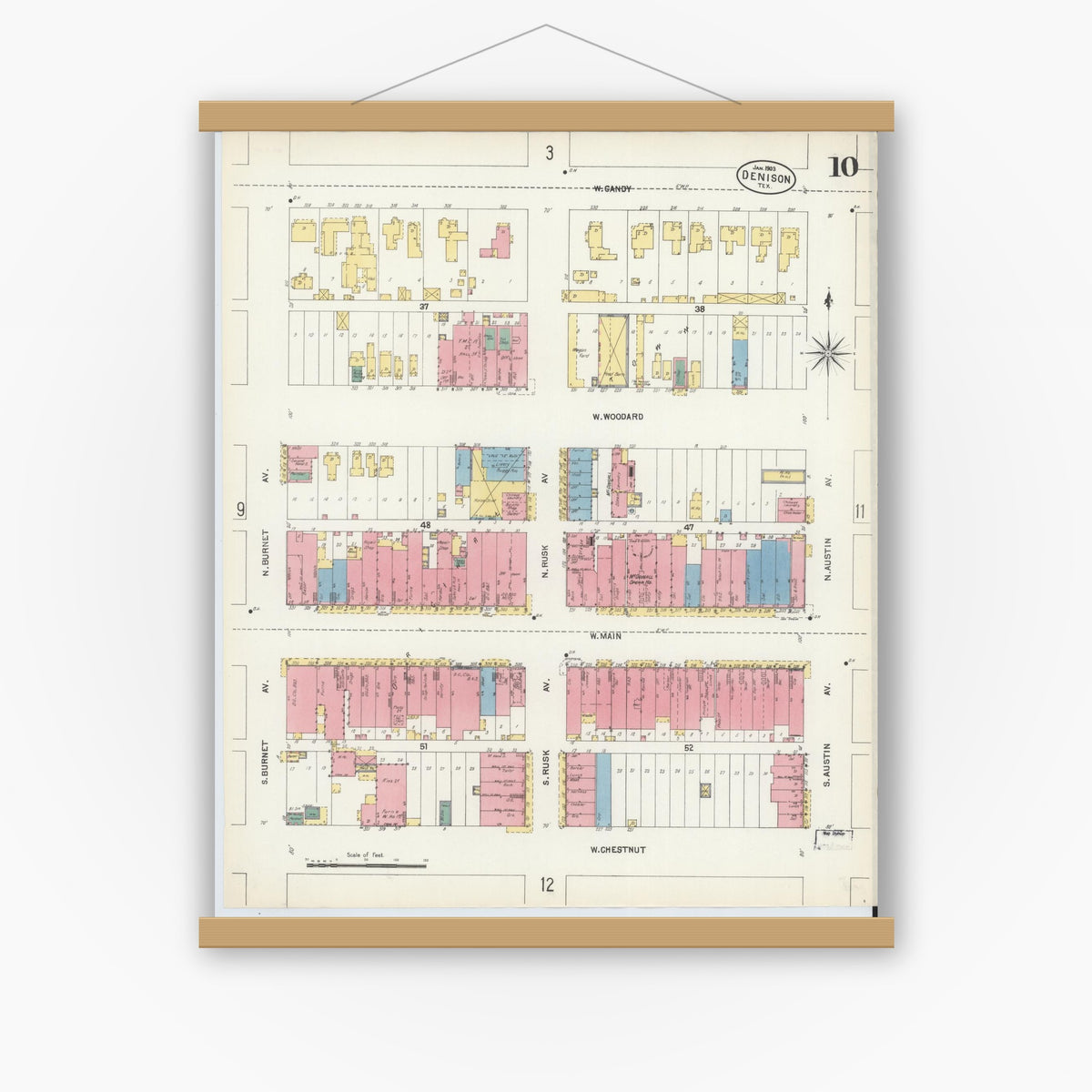 Old map wall art mockup — magnetic wood frame on white wall — Sanborn Fire Insurance Map from Denison, Grayson County, Texas (1903), Sheet #0010