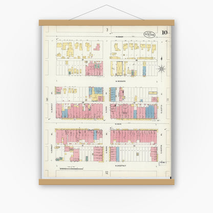 Old map wall art mockup — magnetic wood frame on white wall — Sanborn Fire Insurance Map from Denison, Grayson County, Texas (1903), Sheet #0010