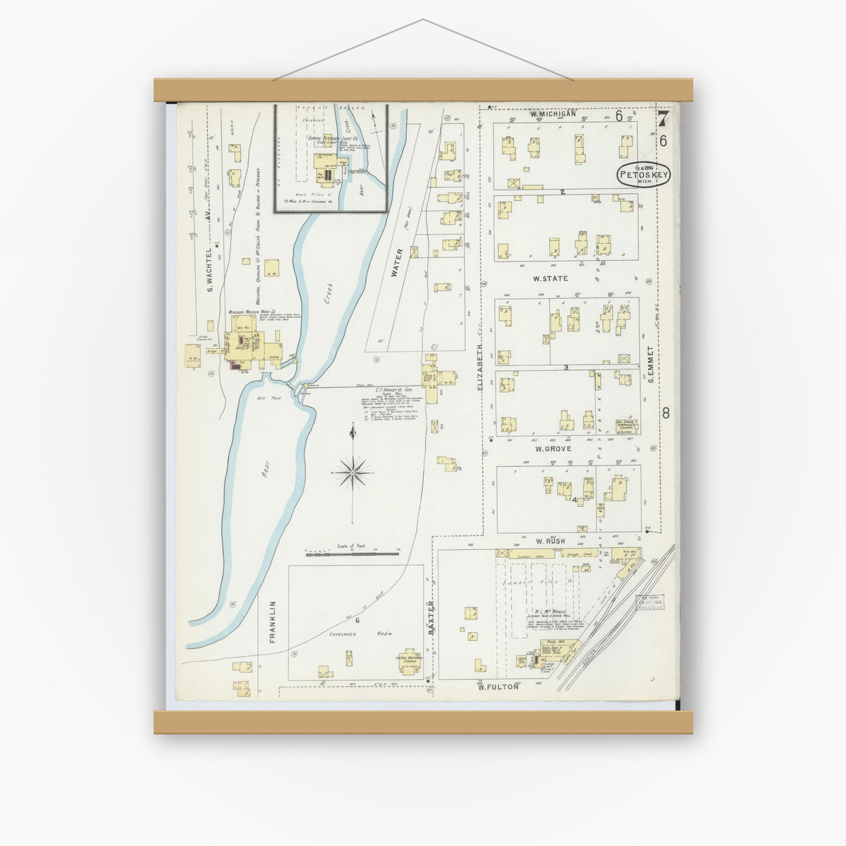 Old map wall art mockup — magnetic wood frame on white wall — Sanborn Fire Insurance Map from Petoskey, Emmet County, Michigan (1896), Sheet #0007