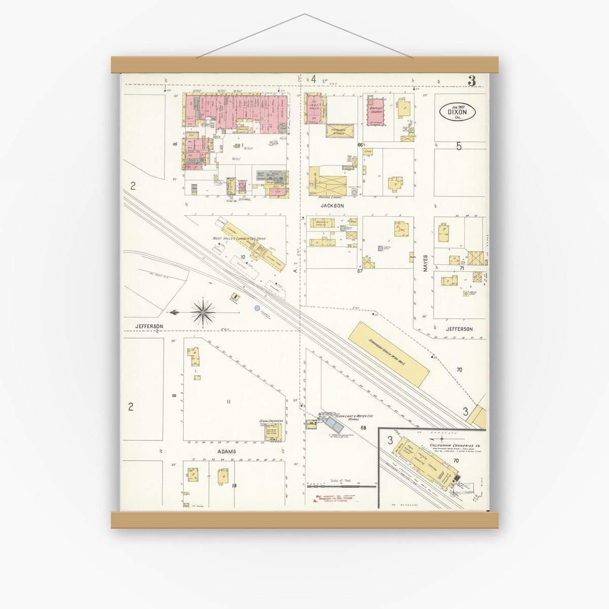Old map wall art mockup — magnetic wood frame on white wall — Sanborn Fire Insurance Map from Dixon, Solano County, California (1907), Sheet #0003