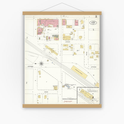 Old map wall art mockup — magnetic wood frame on white wall — Sanborn Fire Insurance Map from Dixon, Solano County, California (1907), Sheet #0003