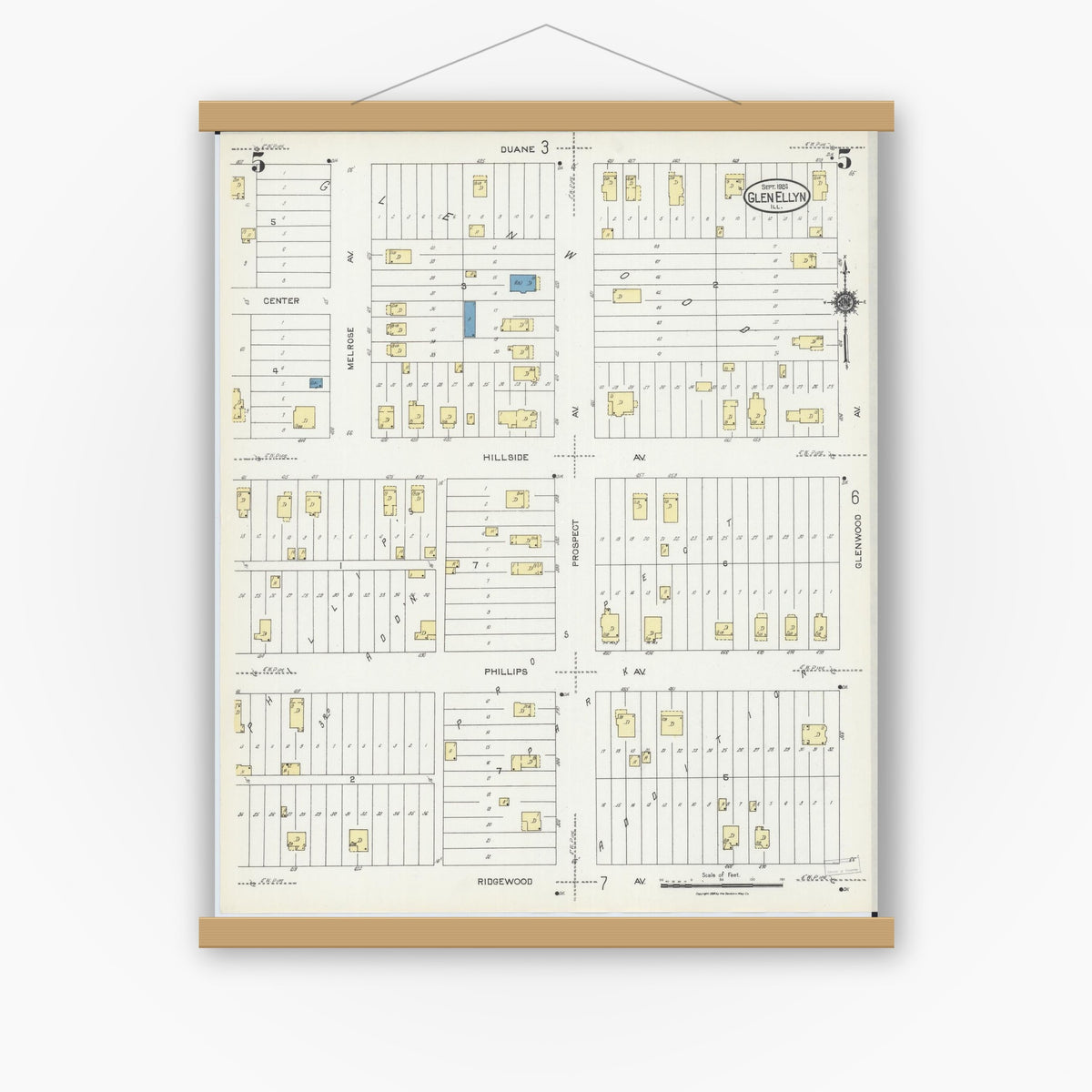 Old map wall art mockup — magnetic wood frame on white wall — Sanborn Fire Insurance Map from Glen Ellyn, Du Page County, Illinois (1924), Sheet #0005