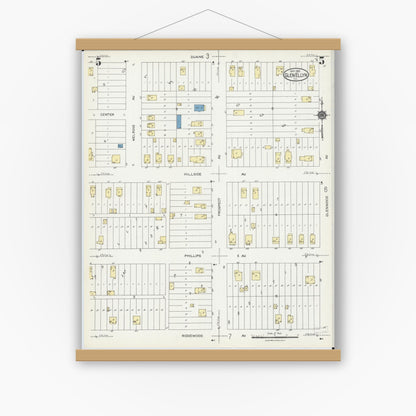 Old map wall art mockup — magnetic wood frame on white wall — Sanborn Fire Insurance Map from Glen Ellyn, Du Page County, Illinois (1924), Sheet #0005