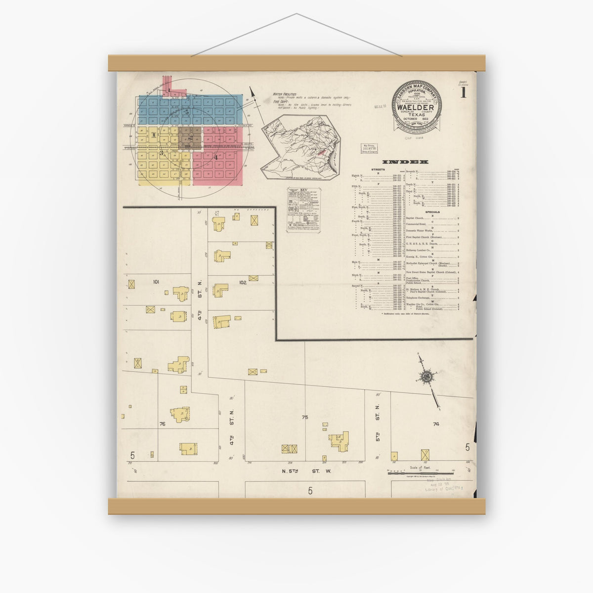 Old map wall art mockup — magnetic wood frame on white wall — Sanborn Fire Insurance Map from Waelder, Gonzales County, Texas (1922) - Complete Map Set