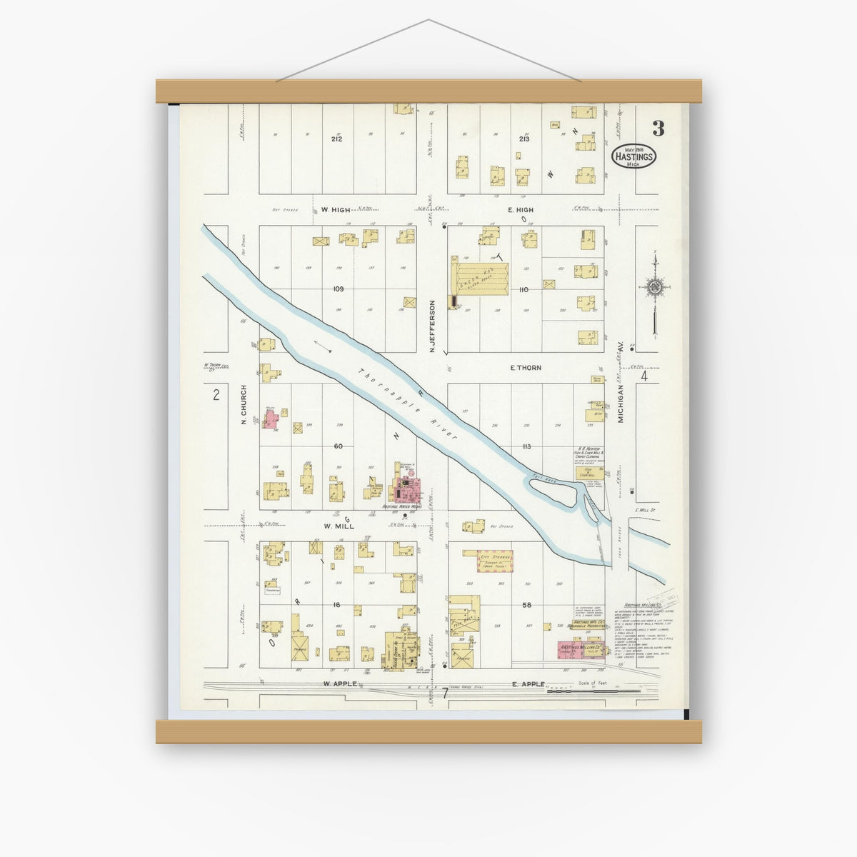 Old map wall art mockup — magnetic wood frame on white wall — Sanborn Fire Insurance Map from Hastings, Barry County, Michigan (1916), Sheet #0003