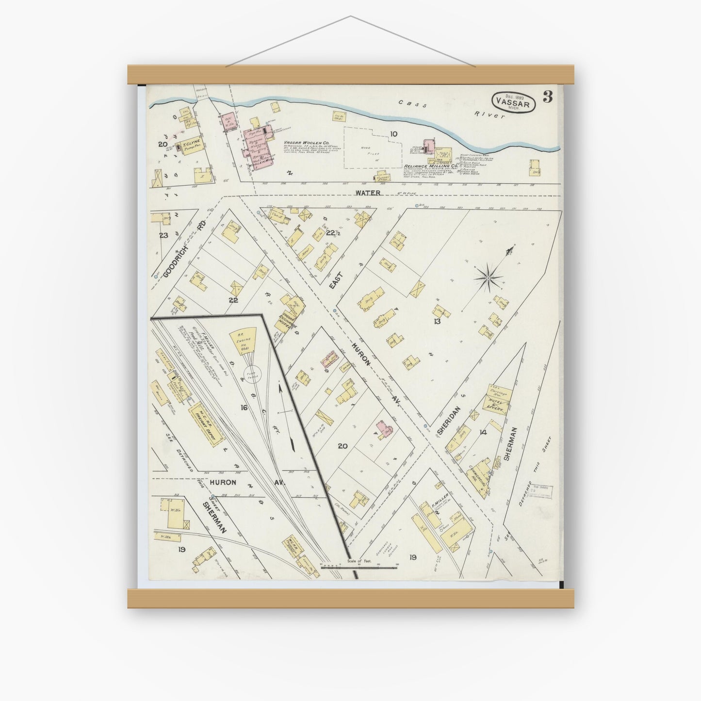 Old map wall art mockup — magnetic wood frame on white wall — Sanborn Fire Insurance Map from Vassar, Tuscola County, Michigan (1889), Sheet #0003