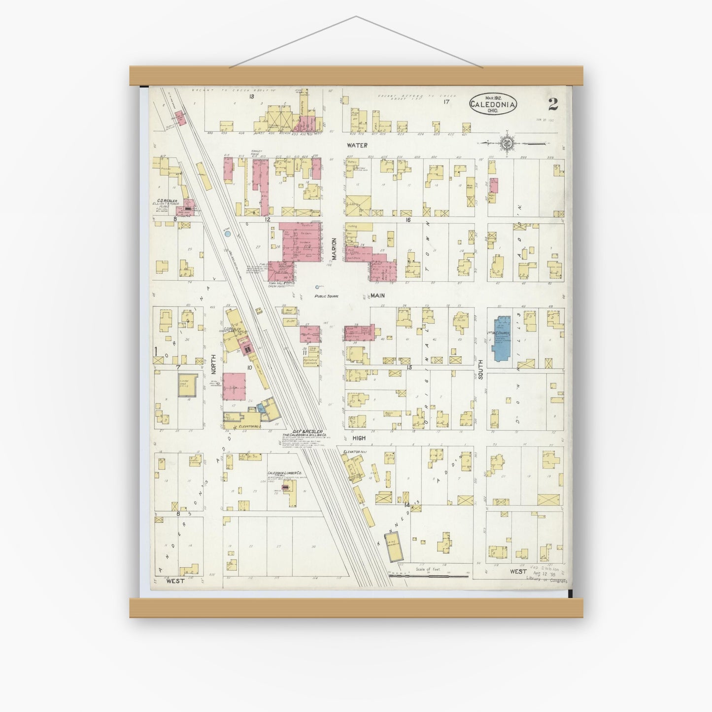 Old map wall art mockup — magnetic wood frame on white wall — Sanborn Fire Insurance Map from Caledonia, Marion County, Ohio (1912), Sheet #0002