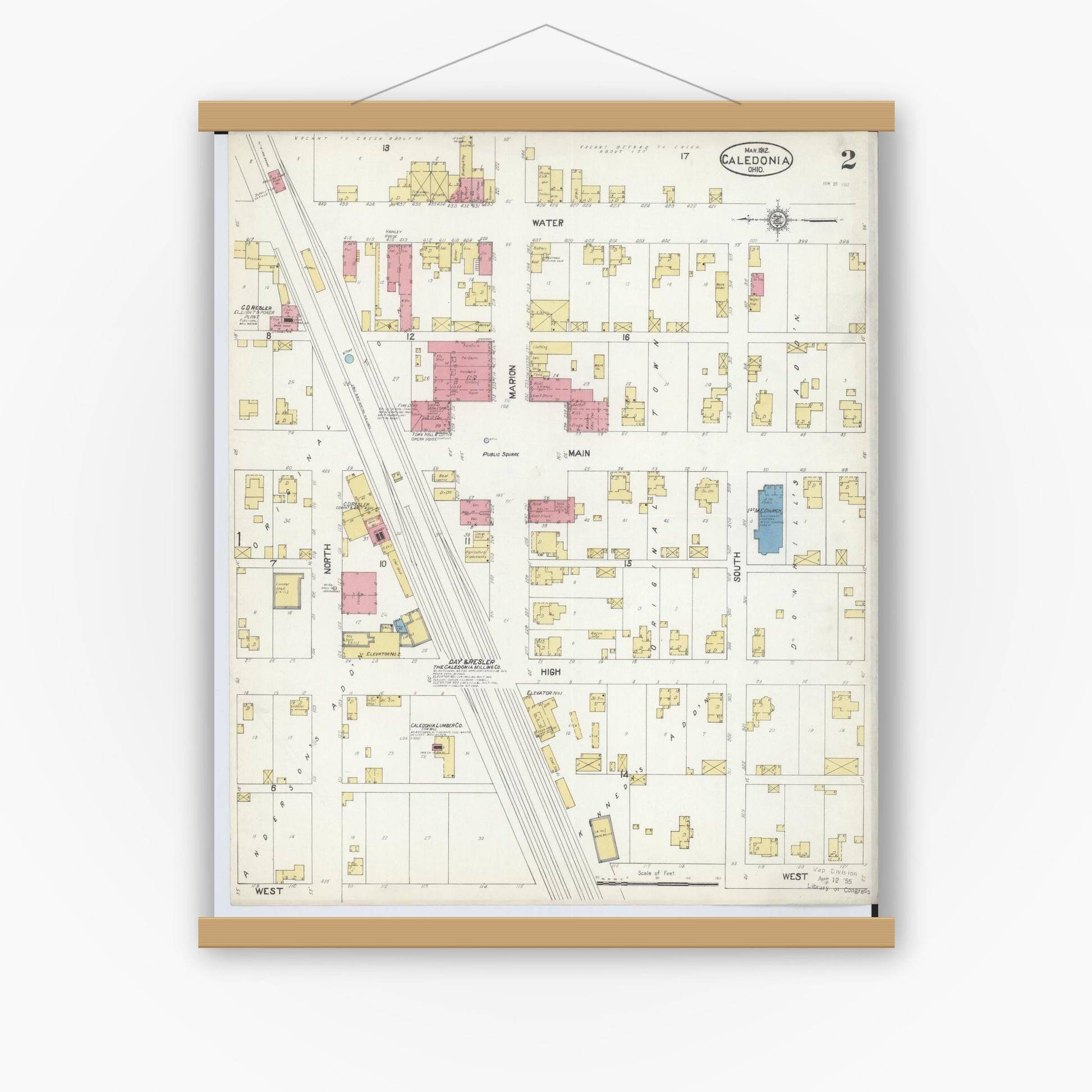 Old map wall art mockup — magnetic wood frame on white wall — Sanborn Fire Insurance Map from Caledonia, Marion County, Ohio (1912), Sheet #0002