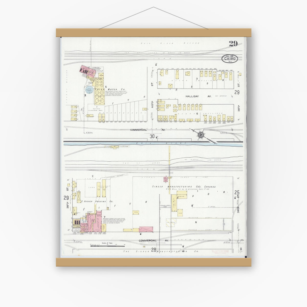 Old map wall art mockup — magnetic wood frame on white wall — Sanborn Fire Insurance Map from Cairo, Alexander County, Illinois (1914), Sheet #0029