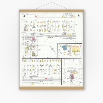 Old map wall art mockup — magnetic wood frame on white wall — Sanborn Fire Insurance Map from New Ulm, Brown County, Minnesota (1935), Sheet #0014