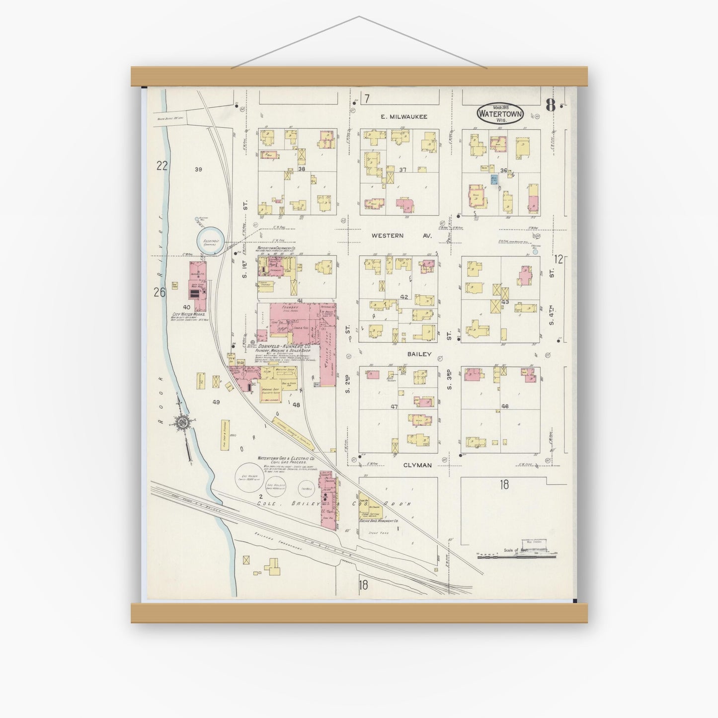 Old map wall art mockup — magnetic wood frame on white wall — Sanborn Fire Insurance Map from Watertown, Jefferson County, Wisconsin (1915), Sheet #0009