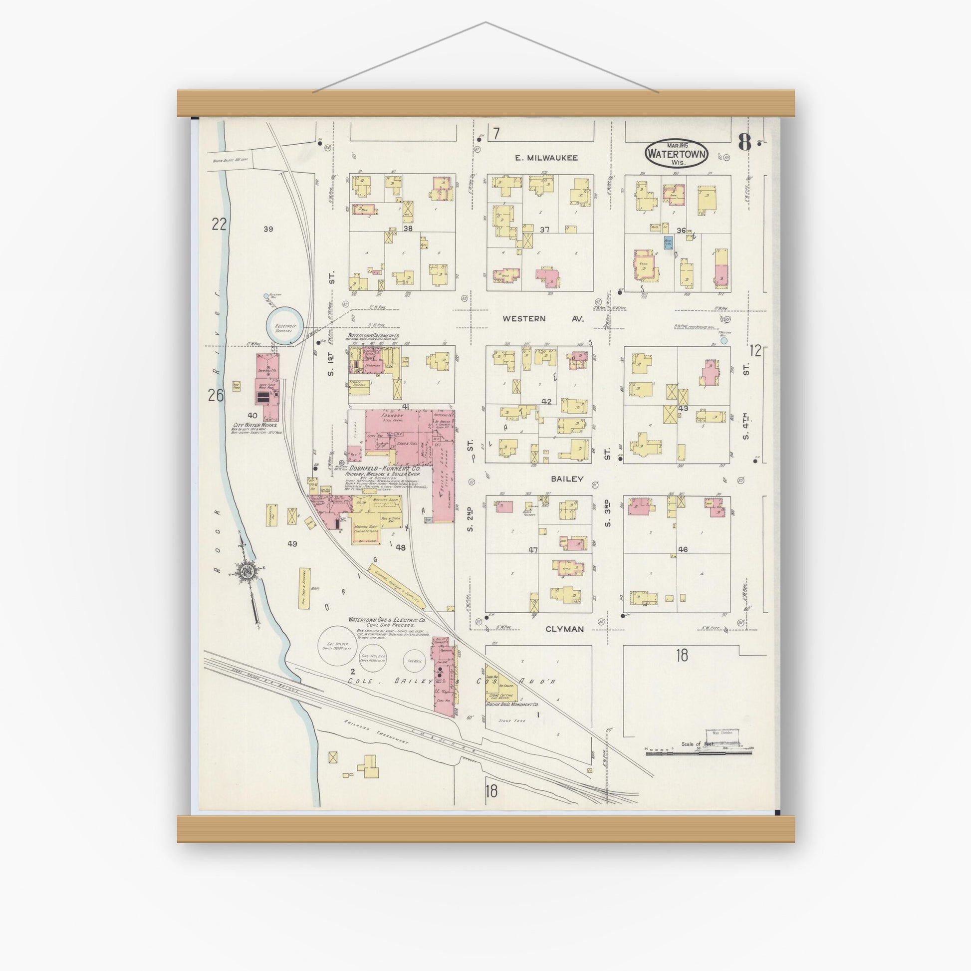 Old map wall art mockup — magnetic wood frame on white wall — Sanborn Fire Insurance Map from Watertown, Jefferson County, Wisconsin (1915), Sheet #0009