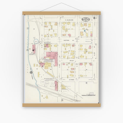 Old map wall art mockup — magnetic wood frame on white wall — Sanborn Fire Insurance Map from Watertown, Jefferson County, Wisconsin (1915), Sheet #0009